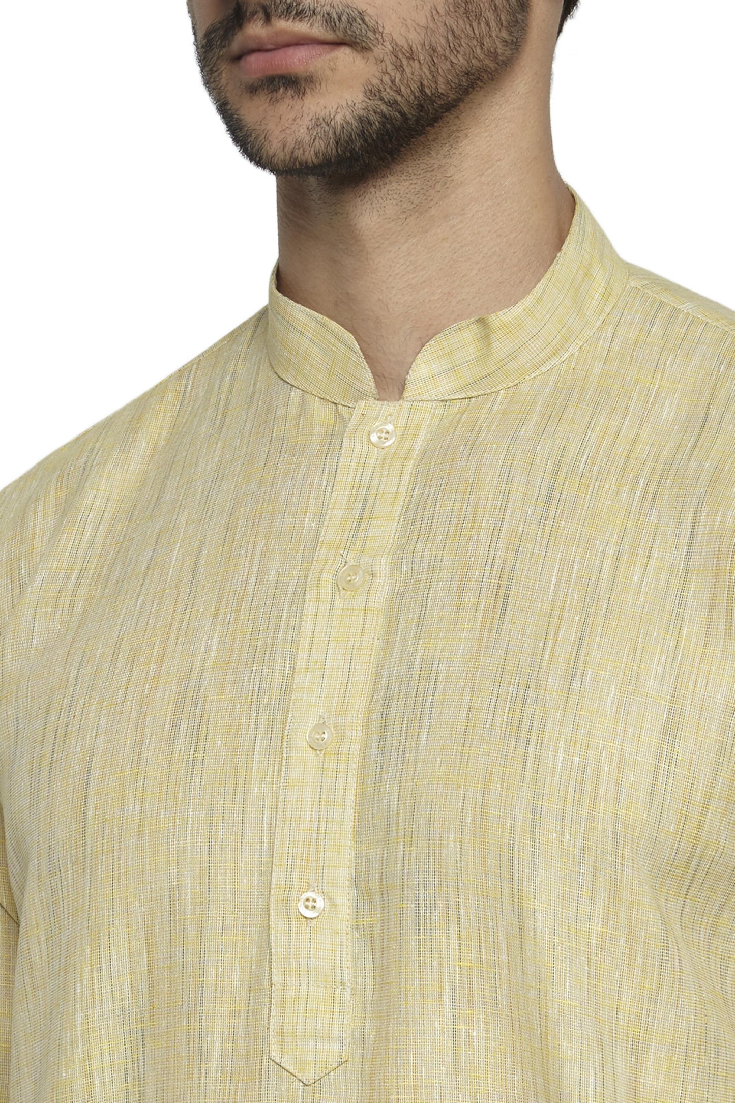 Ethnix Men's Light Yellow Mandarin Collar Solid Textured Staple Kurta Pajama 2-piece set