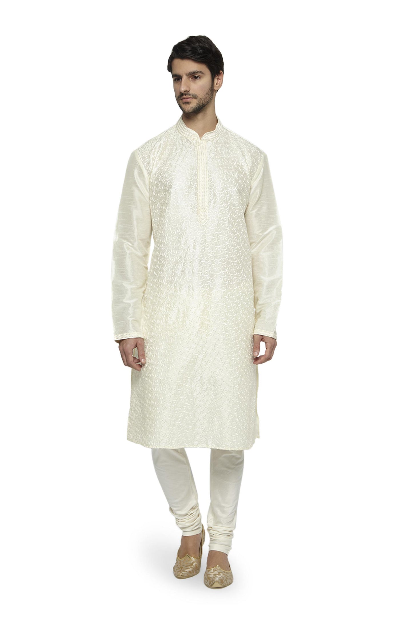 Ethnix Men's Mandarin Collar Festive Collection with Fine Detailing Off-White Kurta Pajama 2-piece set