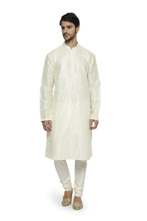 Ethnix Men's Mandarin Collar Festive Collection with Fine Detailing Off-White Kurta Pajama 2-piece set