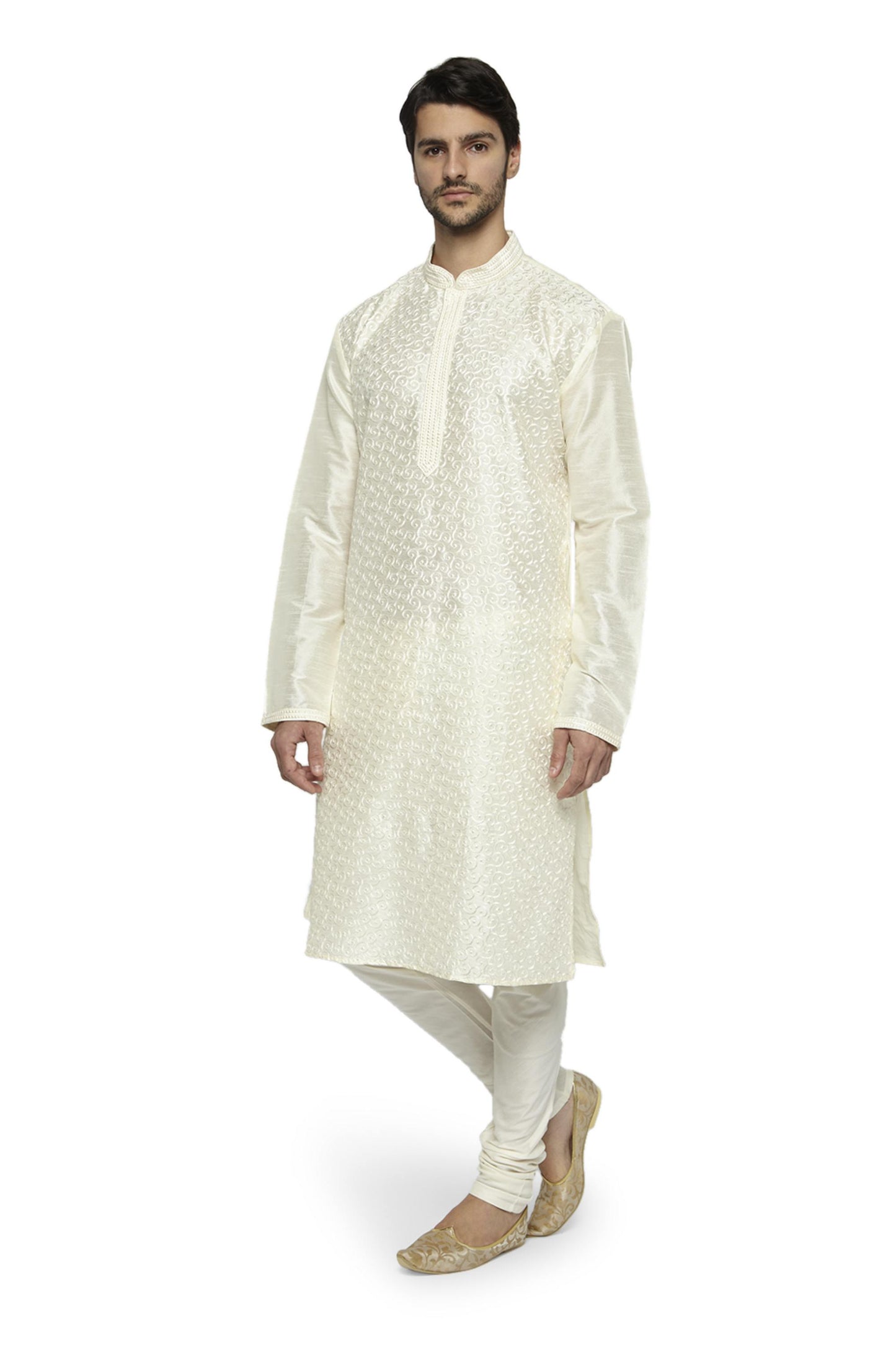 Ethnix Men's Mandarin Collar Festive Collection with Fine Detailing Off-White Kurta Pajama 2-piece set