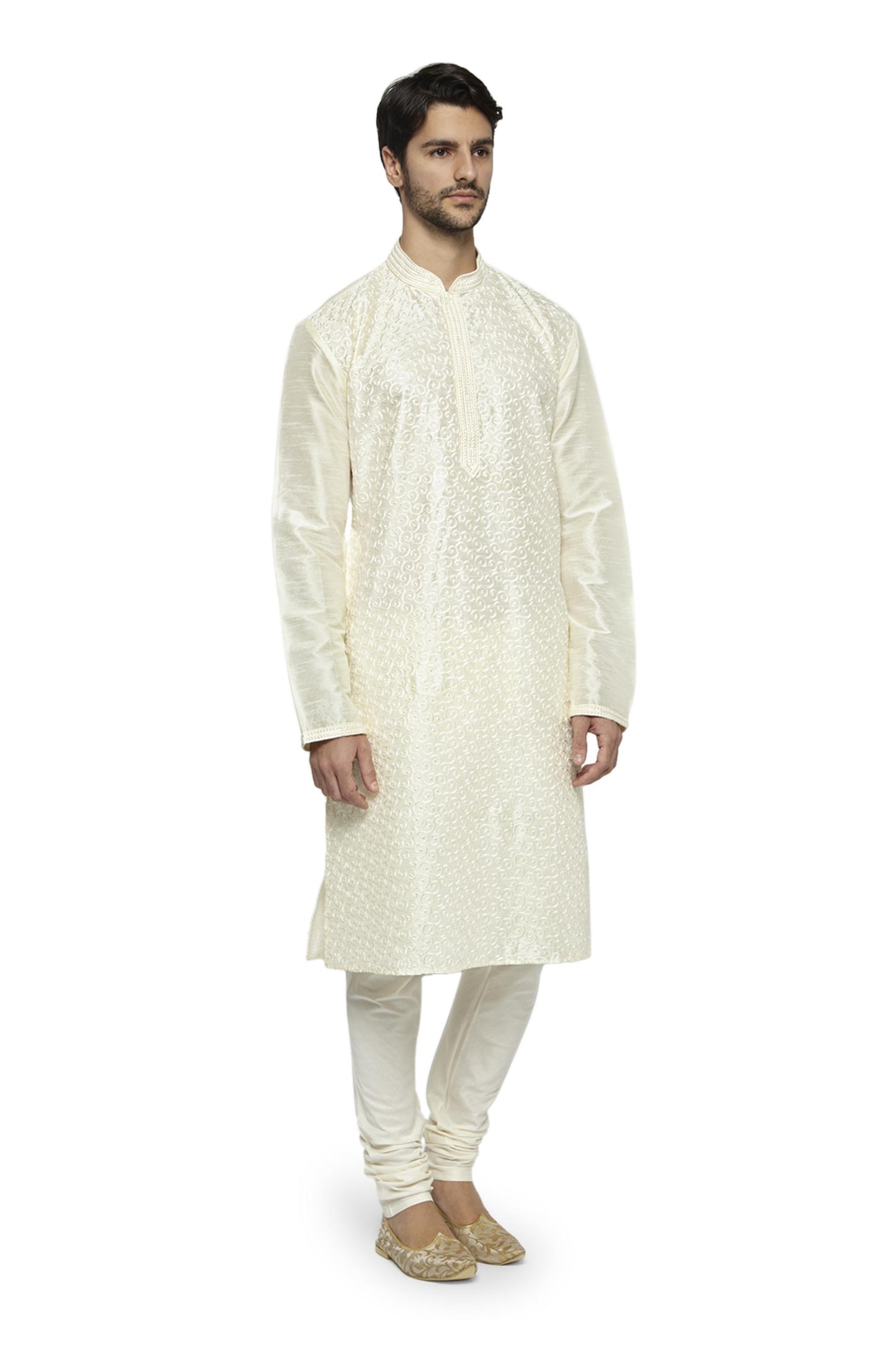 Ethnix Men's Mandarin Collar Festive Collection with Fine Detailing Off-White Kurta Pajama 2-piece set