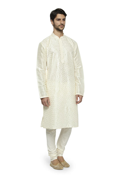 Ethnix Men's Mandarin Collar Festive Collection with Fine Detailing Off-White Kurta Pajama 2-piece set