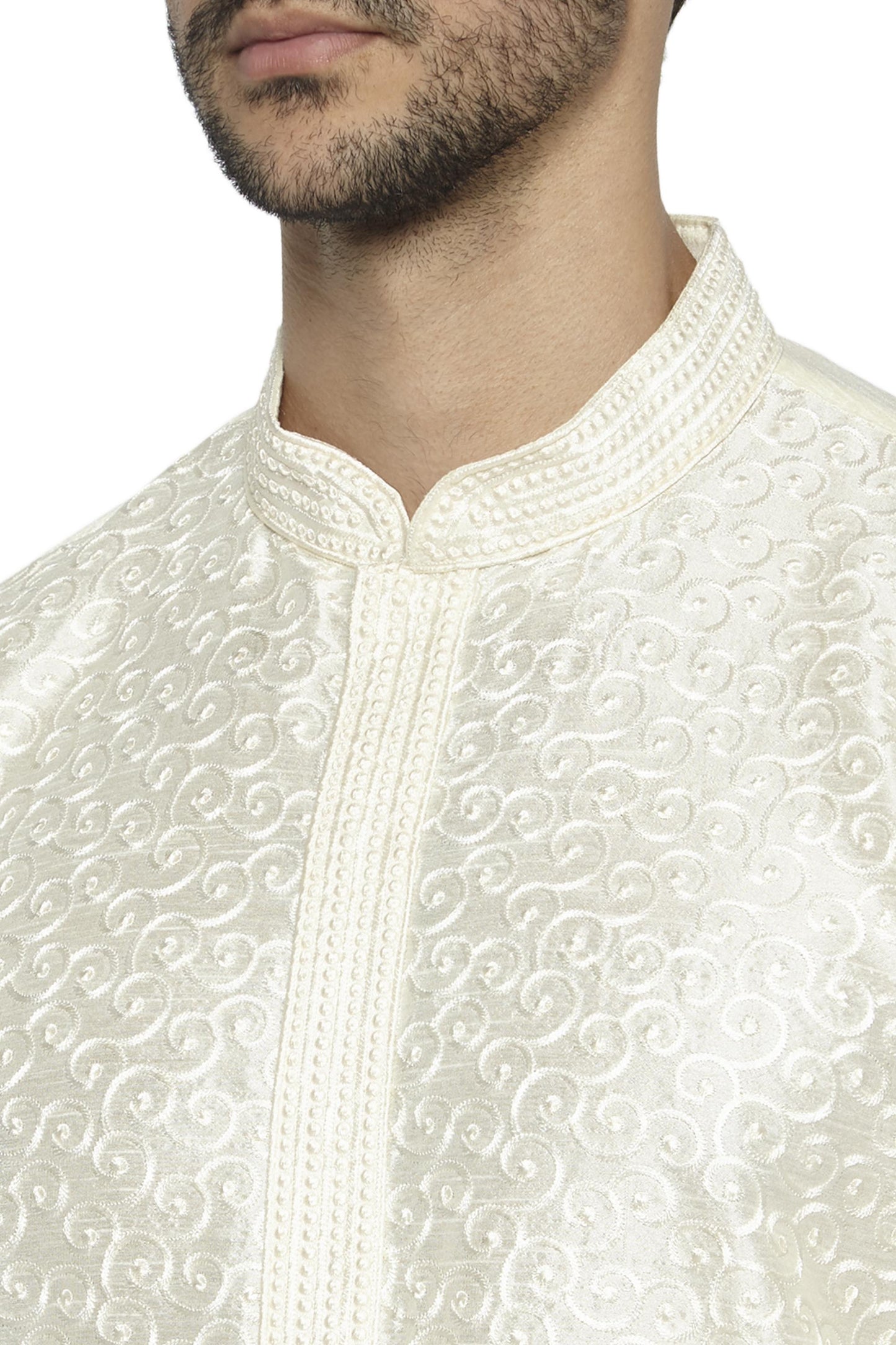 Ethnix Men's Mandarin Collar Festive Collection with Fine Detailing Off-White Kurta Pajama 2-piece set