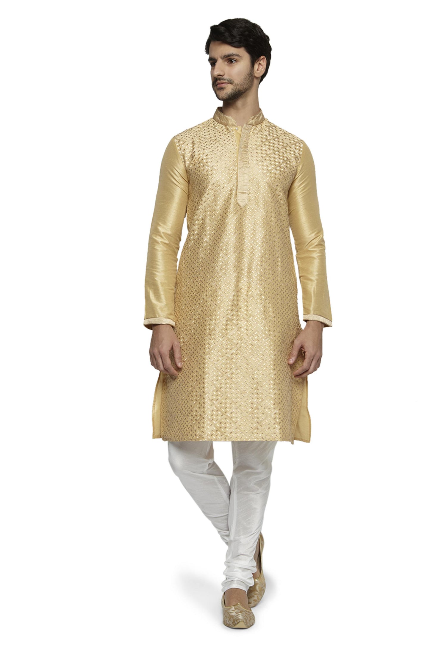 Ethnix Men's Mandarin Collar Festive Gold Collection Kurta Pajama 2-piece set