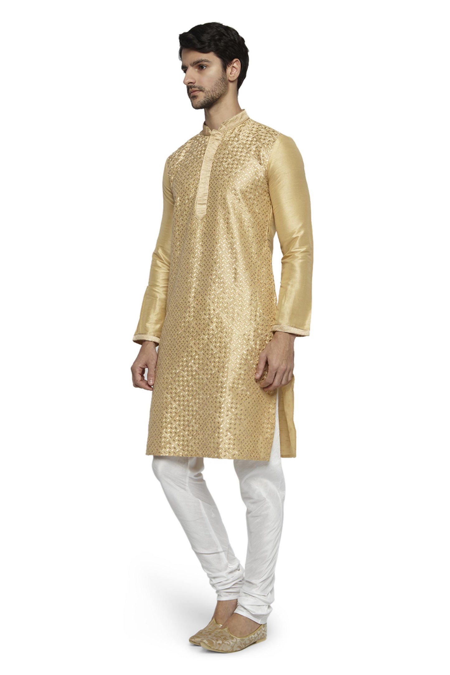 Ethnix Men's Mandarin Collar Festive Gold Collection Kurta Pajama 2-piece set