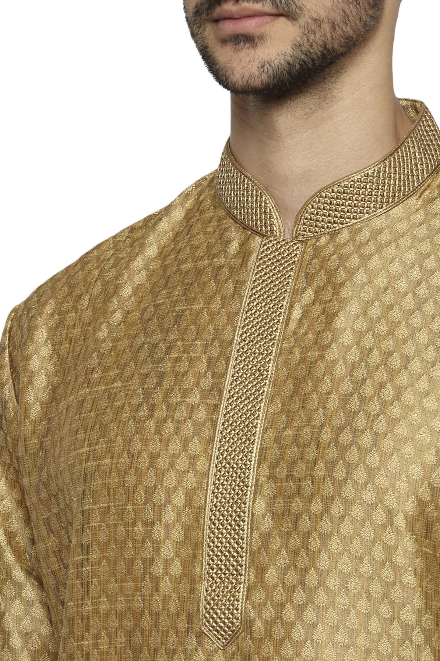 Men's gold kurta pajama set close up