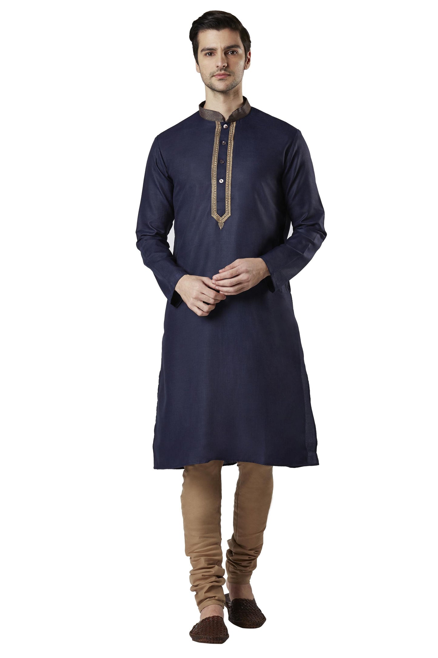 Ethnix Men's Indian Golden Embroidered Collar Placket Navy Blue 2-Piece Set