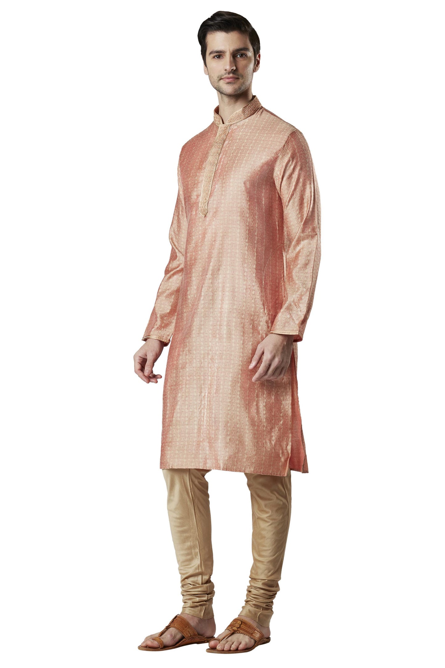 Ethnix Men's Indian Embroidered Banded Collar Festive Kurta Tunic Pajama Set Peach
