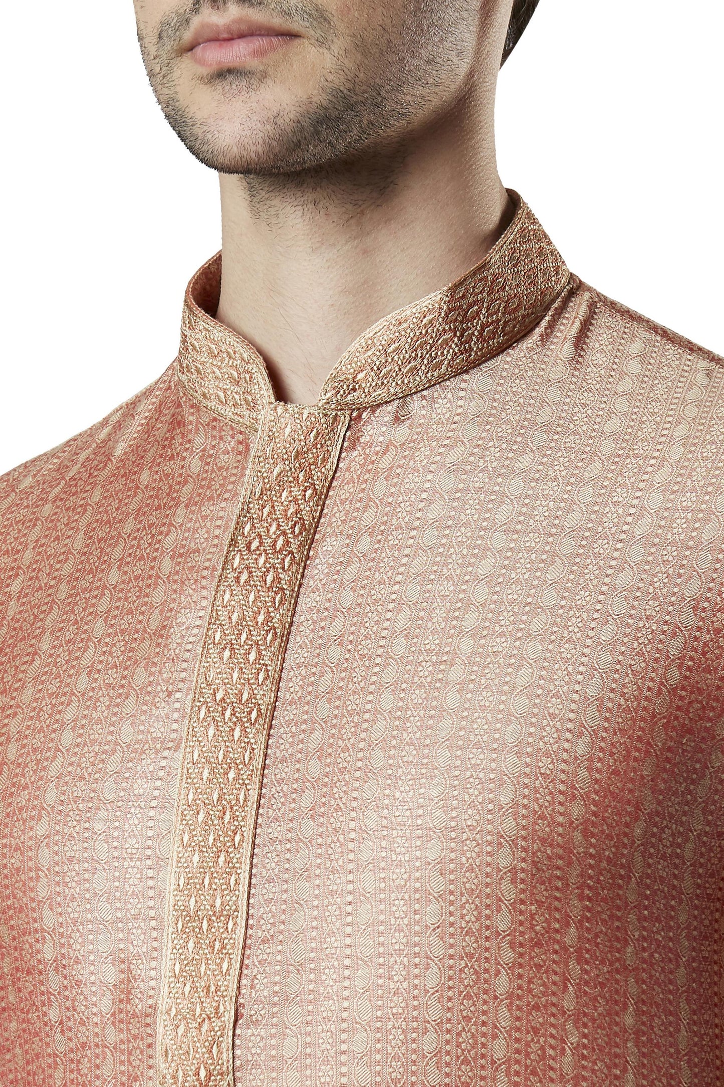 Ethnix Men's Indian Embroidered Banded Collar Festive Kurta Tunic Pajama Set Peach