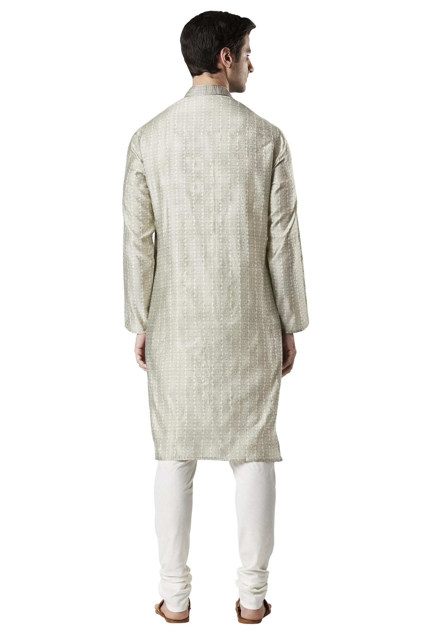Ethnix Men's Indian Embroidered Banded Collar Festive Kurta Tunic Pajama Set Steel Gray