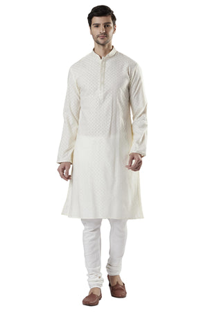 Ethnix Men's Indian Royal All-Over Embroidered Festive Kurta Tunic Pajama Set Royal Cream