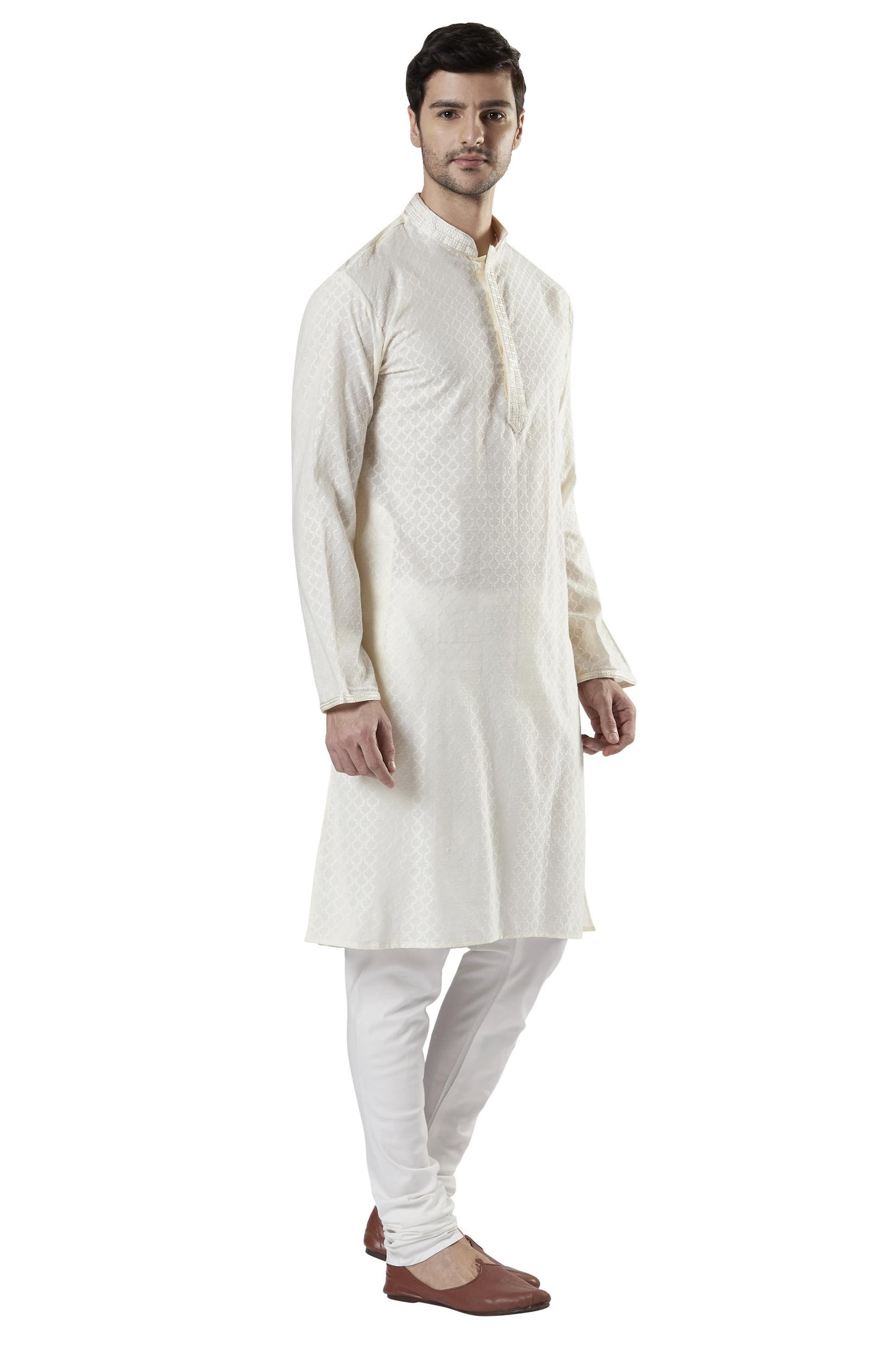 Ethnix Men's Indian Royal All-Over Embroidered Festive Kurta Tunic Pajama Set Royal Cream