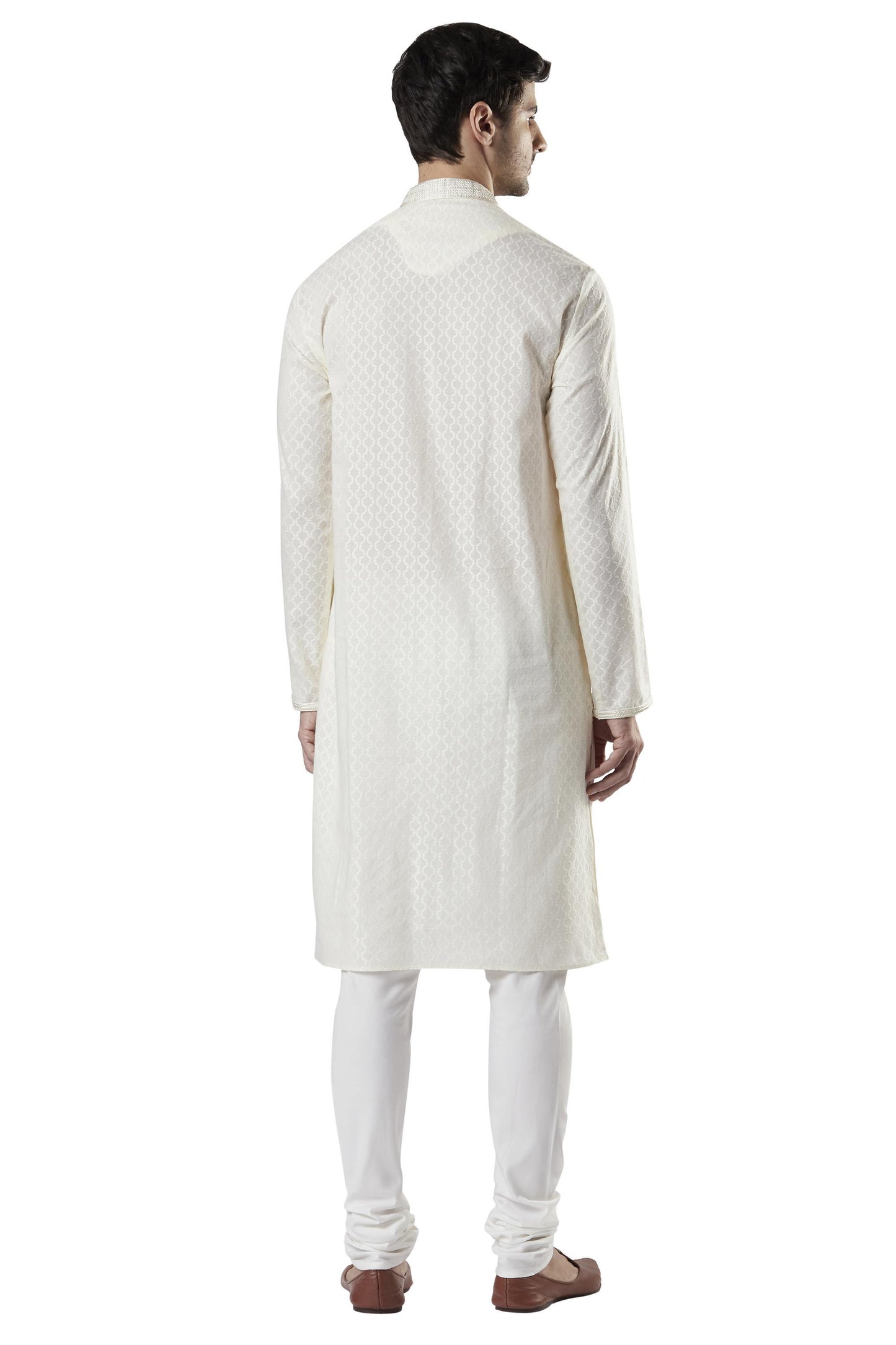 Ethnix Men's Indian Royal All-Over Embroidered Festive Kurta Tunic Pajama Set Royal Cream