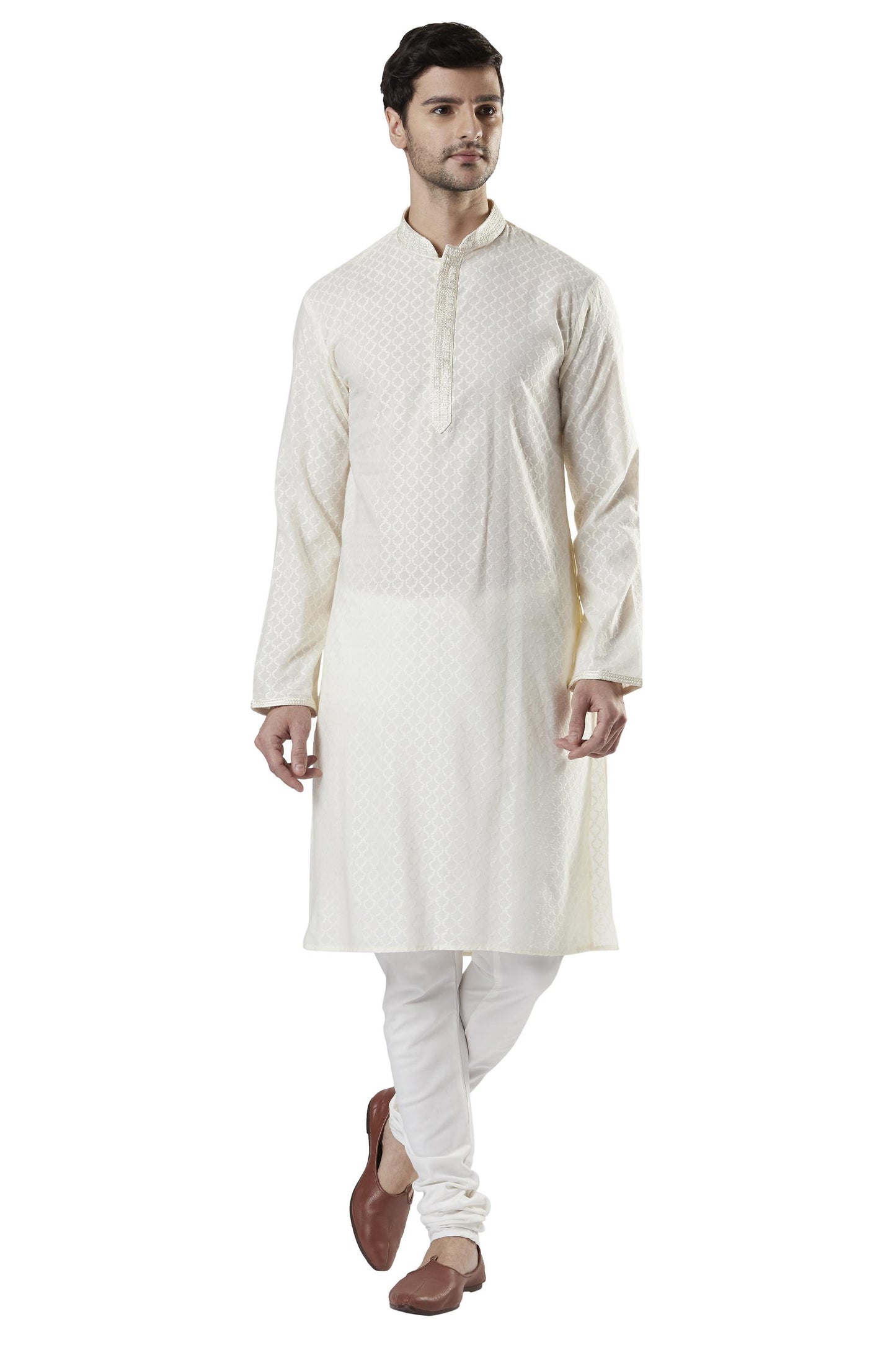 Ethnix Men's Indian Royal All-Over Embroidered Festive Kurta Tunic Pajama Set Royal Cream