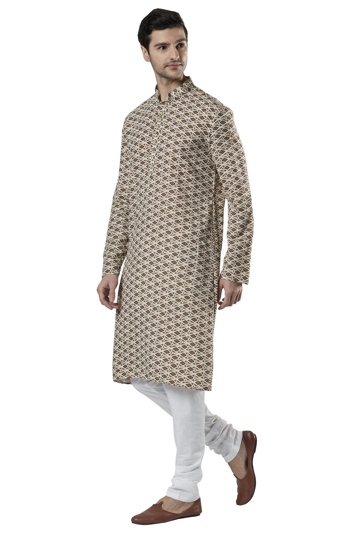 Ethnix Men's Banded Collar All-Over Diamond Print Indian Kurta Tunic Pajama Set