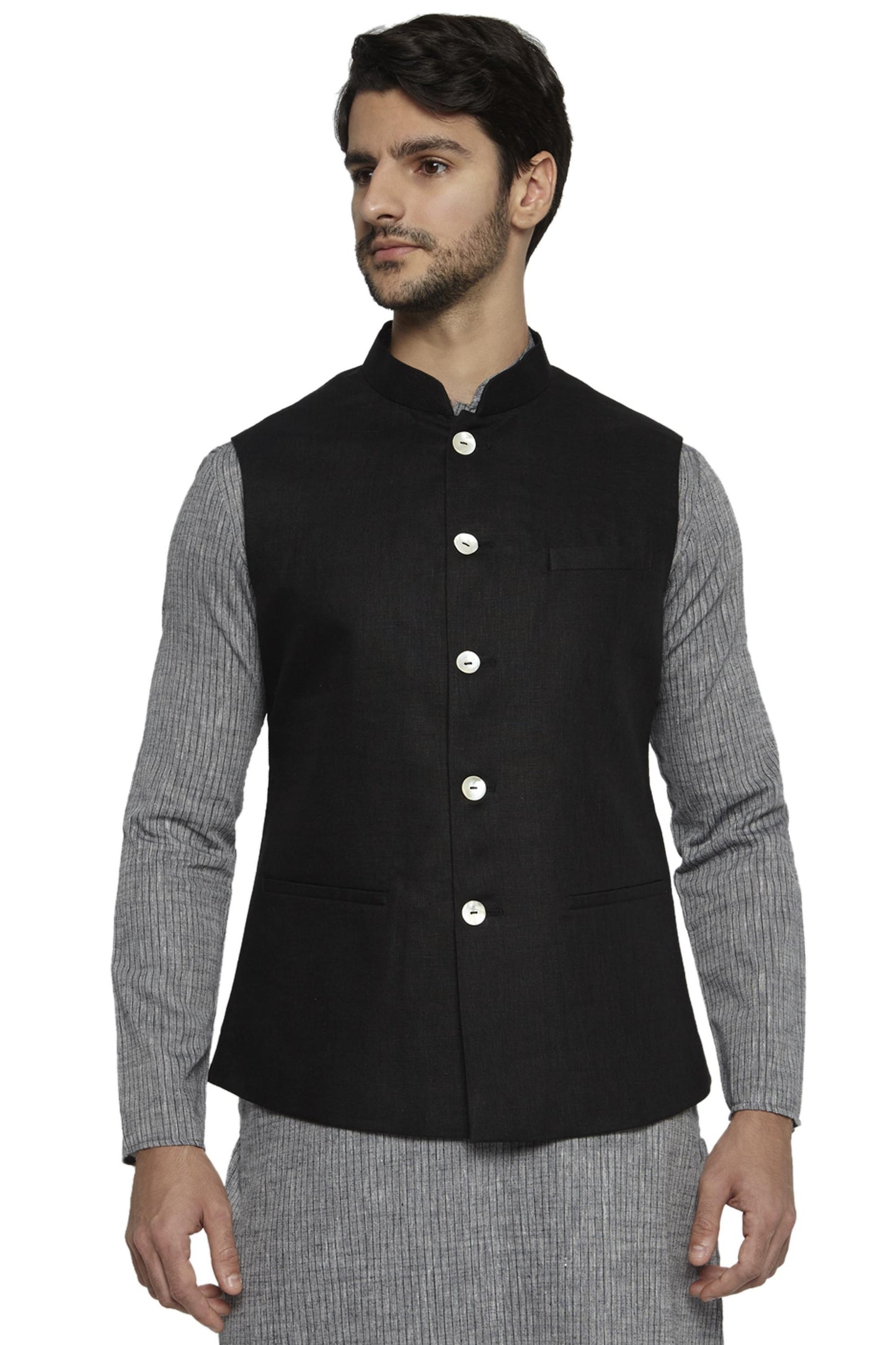 Ethnix Men's Handmade Banded CollarPure Cotton Linen Nehru Jacket Vest; Black