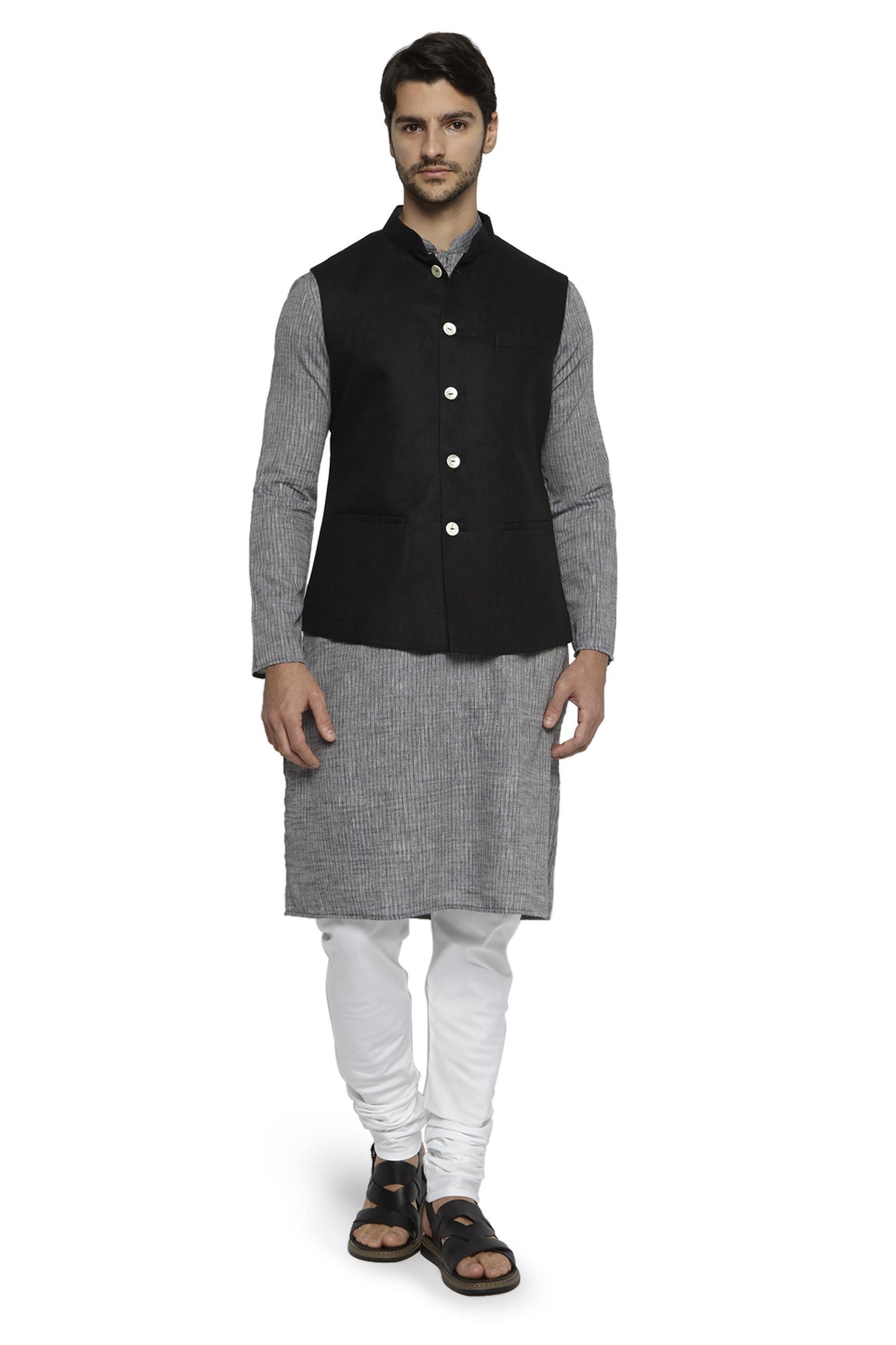 Ethnix Men's Handmade Banded CollarPure Cotton Linen Nehru Jacket Vest; Black