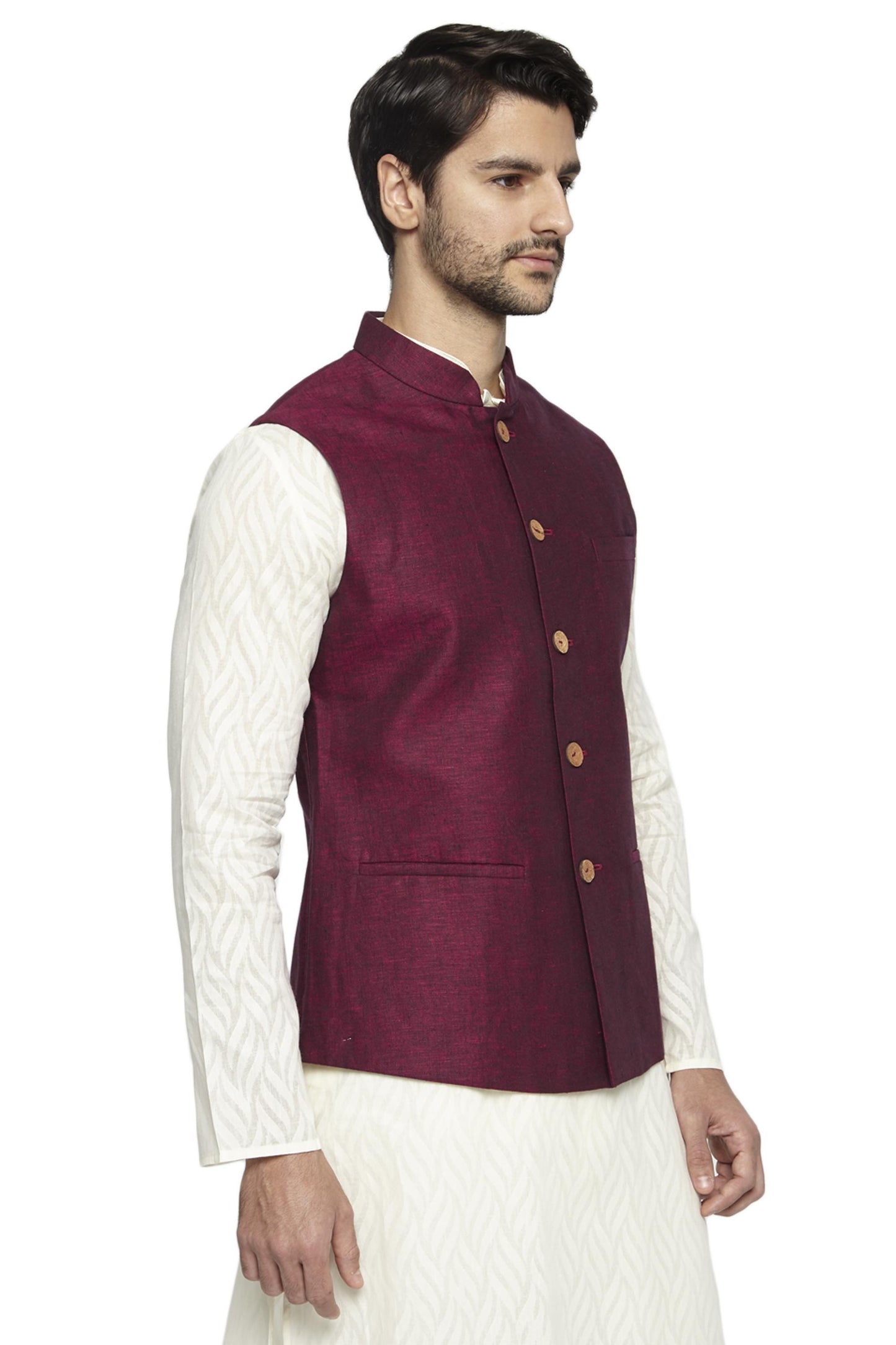 Ethnix Men's Handmade Banded CollarPure Cotton Linen Nehru Jacket Vest; Maroon