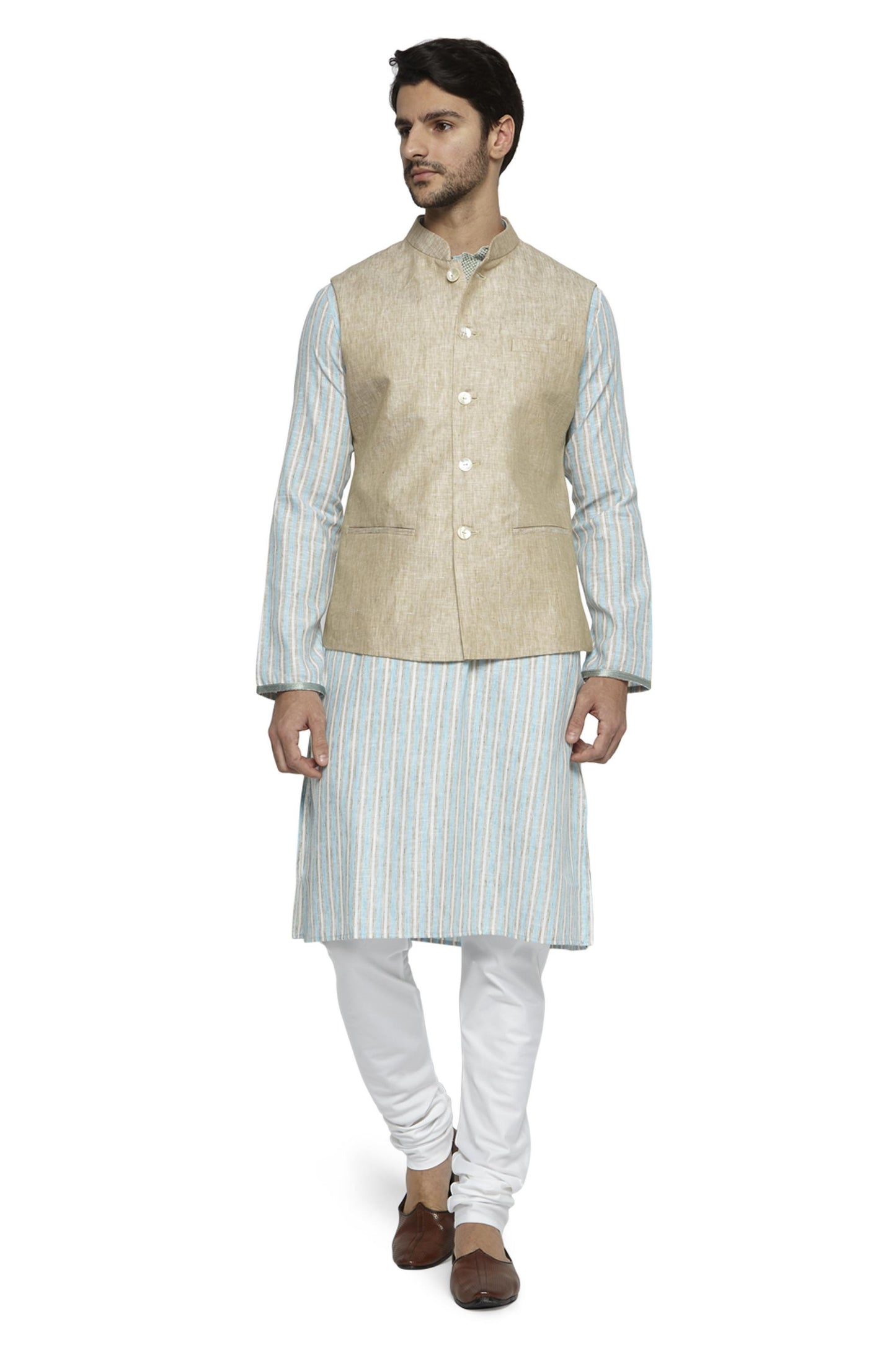 Ethnix Men's Handmade Banded CollarPure Cotton Linen Nehru Jacket Vest; Light Beige
