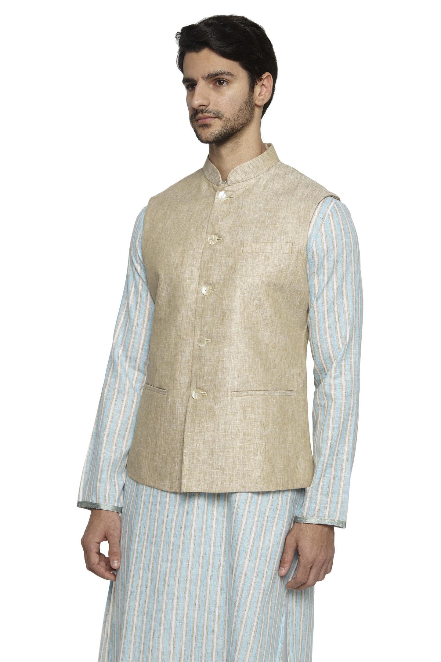 Ethnix Men's Handmade Banded CollarPure Cotton Linen Nehru Jacket Vest; Light Beige