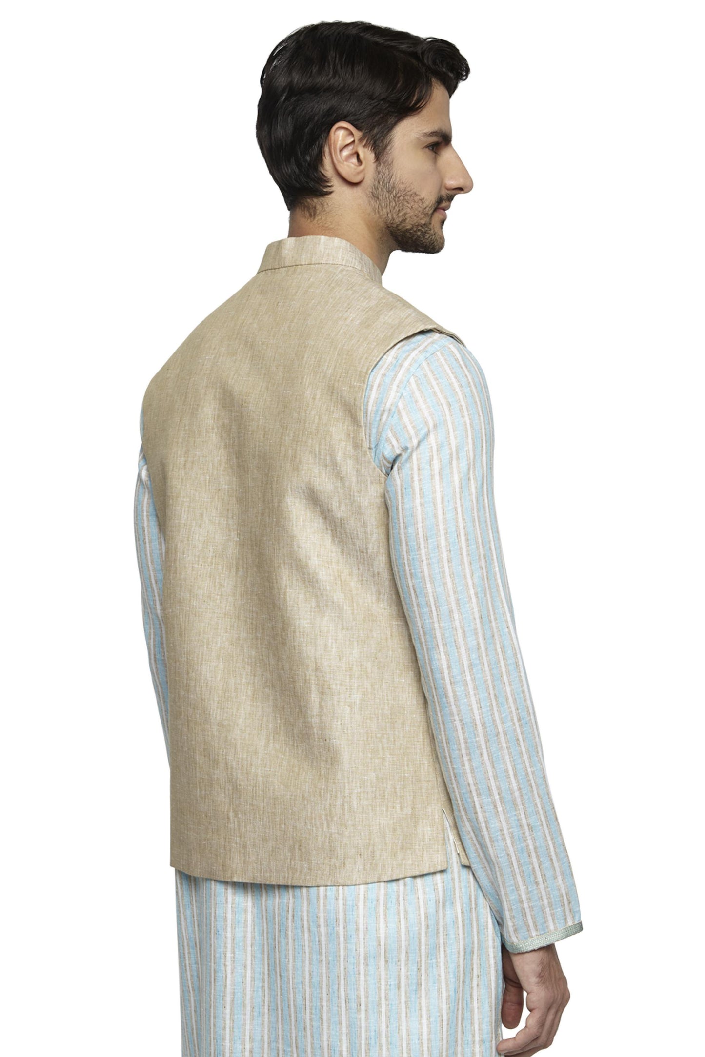 Ethnix Men's Handmade Banded CollarPure Cotton Linen Nehru Jacket Vest; Light Beige