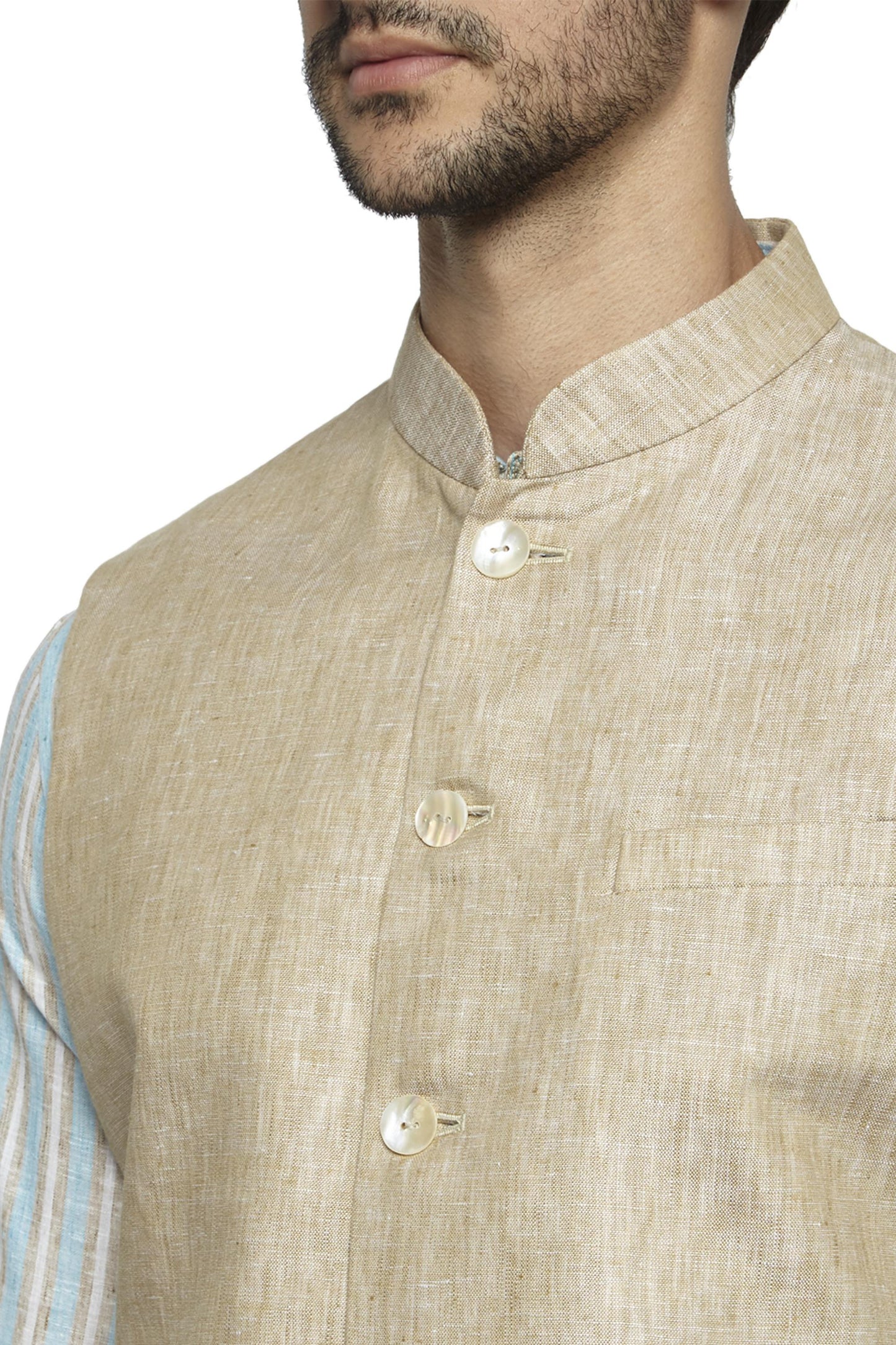 Ethnix Men's Handmade Banded CollarPure Cotton Linen Nehru Jacket Vest; Light Beige