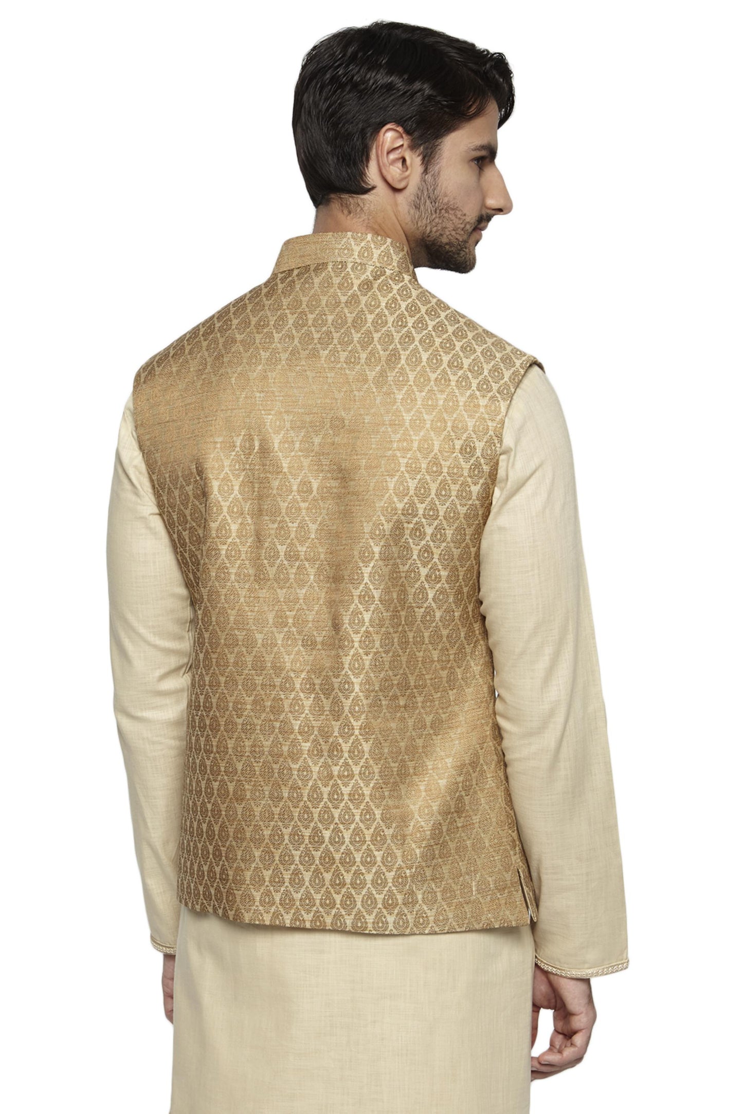 Ethnix Men's Handmade Banded Collar Motif Print Nehru Jacket Vest