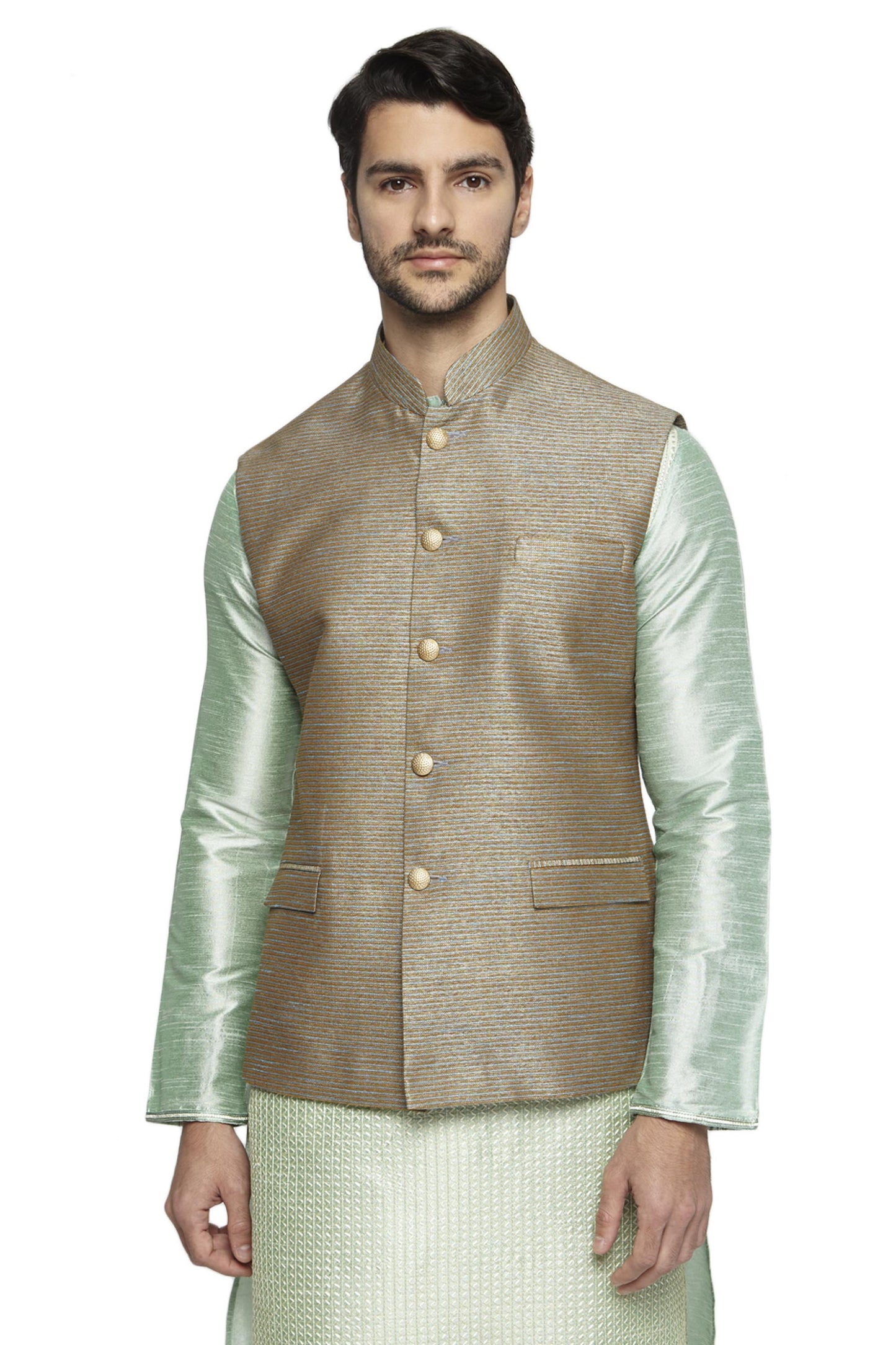 Ethnix Men's Handmade Banded Collar Fine Horizontal Stripe Nehru Jacket Vest