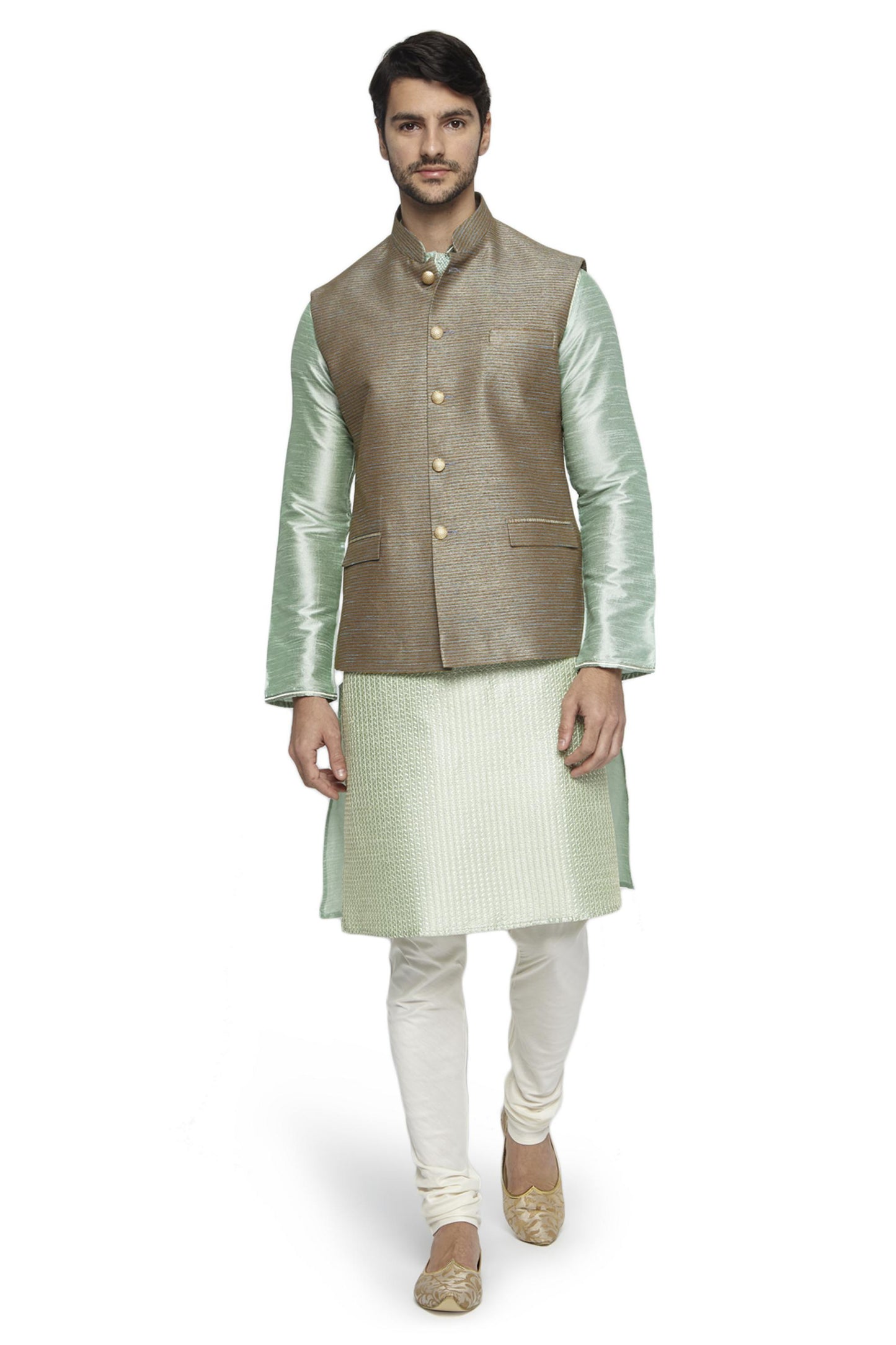 Ethnix Men's Handmade Banded Collar Fine Horizontal Stripe Nehru Jacket Vest
