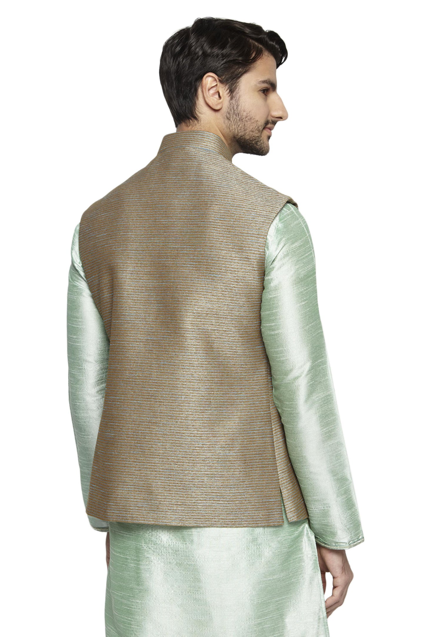 Ethnix Men's Handmade Banded Collar Fine Horizontal Stripe Nehru Jacket Vest