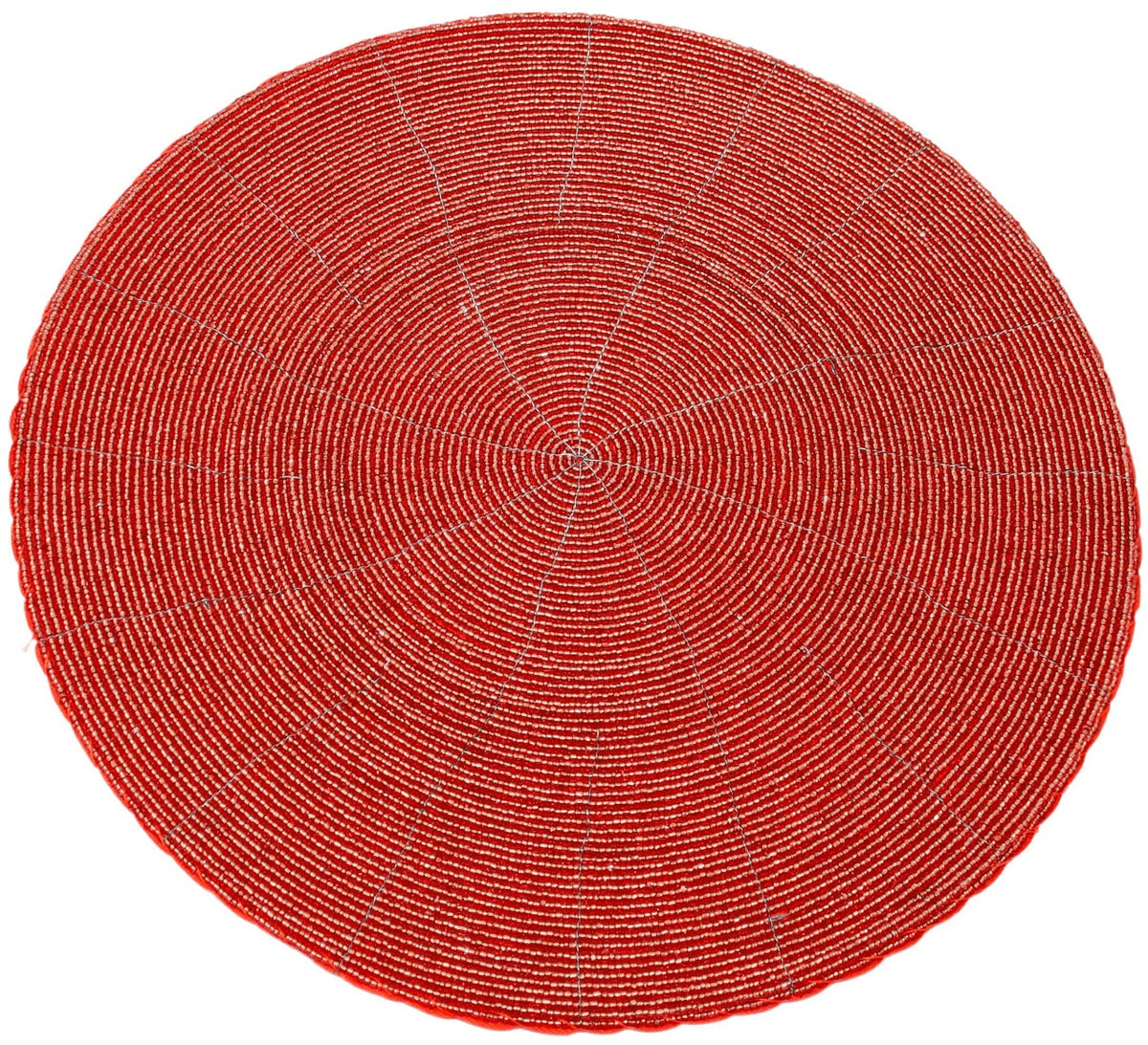 Top view of a Rangeene red handmade glass beaded round dining placemat
