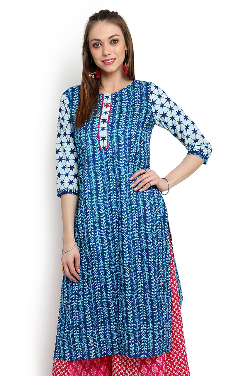 Kurta Tunic Women's Indian Pure Cotton Leaf Print - Front | In-Sattva