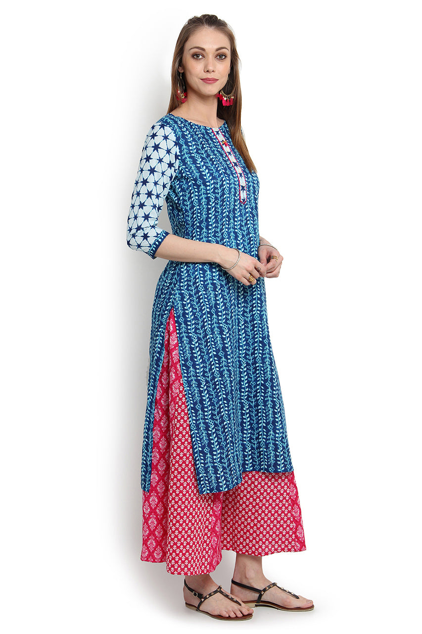 Kurta Tunic Women's Indian Pure Cotton Leaf Print - Side | In-Sattva