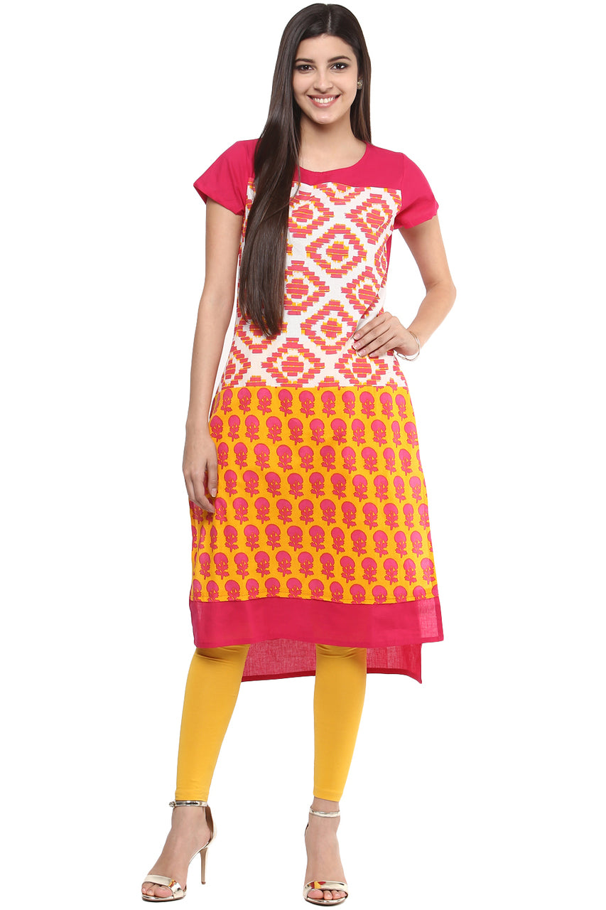 Kurta Tunic Women's Indian Long Pink Cotton Unique Detailing - Full Display | In-Sattva