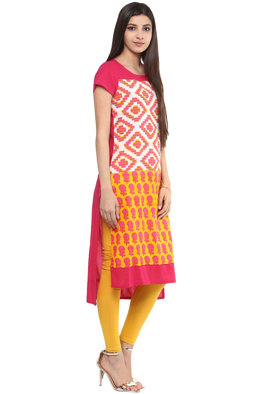 Kurta Tunic Women's Indian Long Pink Cotton Unique Detailing - Side | In-Sattva
