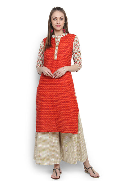 Kurta Tunic Women's Indian Long Pure Cotton Printed Sleeves - Full Display | In-Sattva