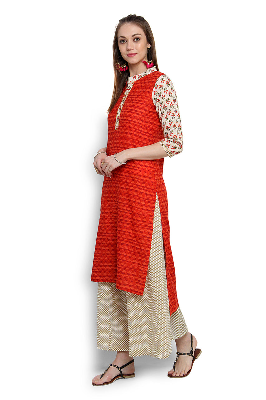 Kurta Tunic Women's Indian Long Pure Cotton Printed Sleeves - Side | In-Sattva