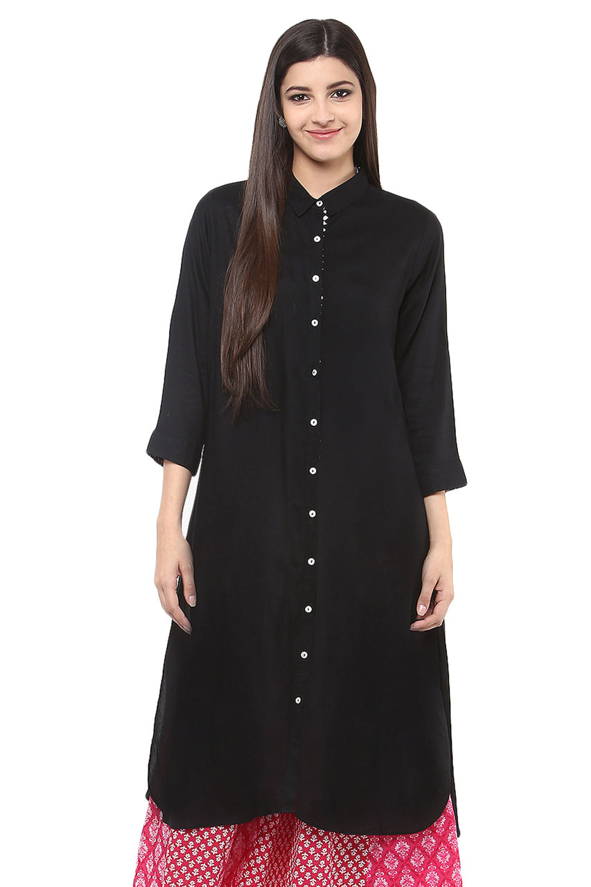 Long Shirt Kurta Tunic Dress Rich Solid Color - Front - In-Sattva     