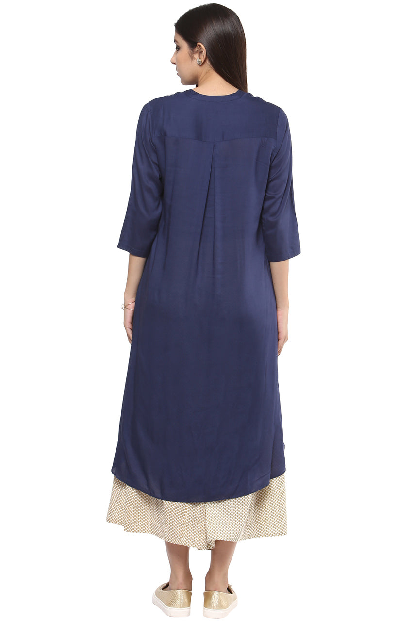 Long Shirt Kurta Tunic Dress Women's Pure Cotton Solid Navy Blue - Back | In-Sattva