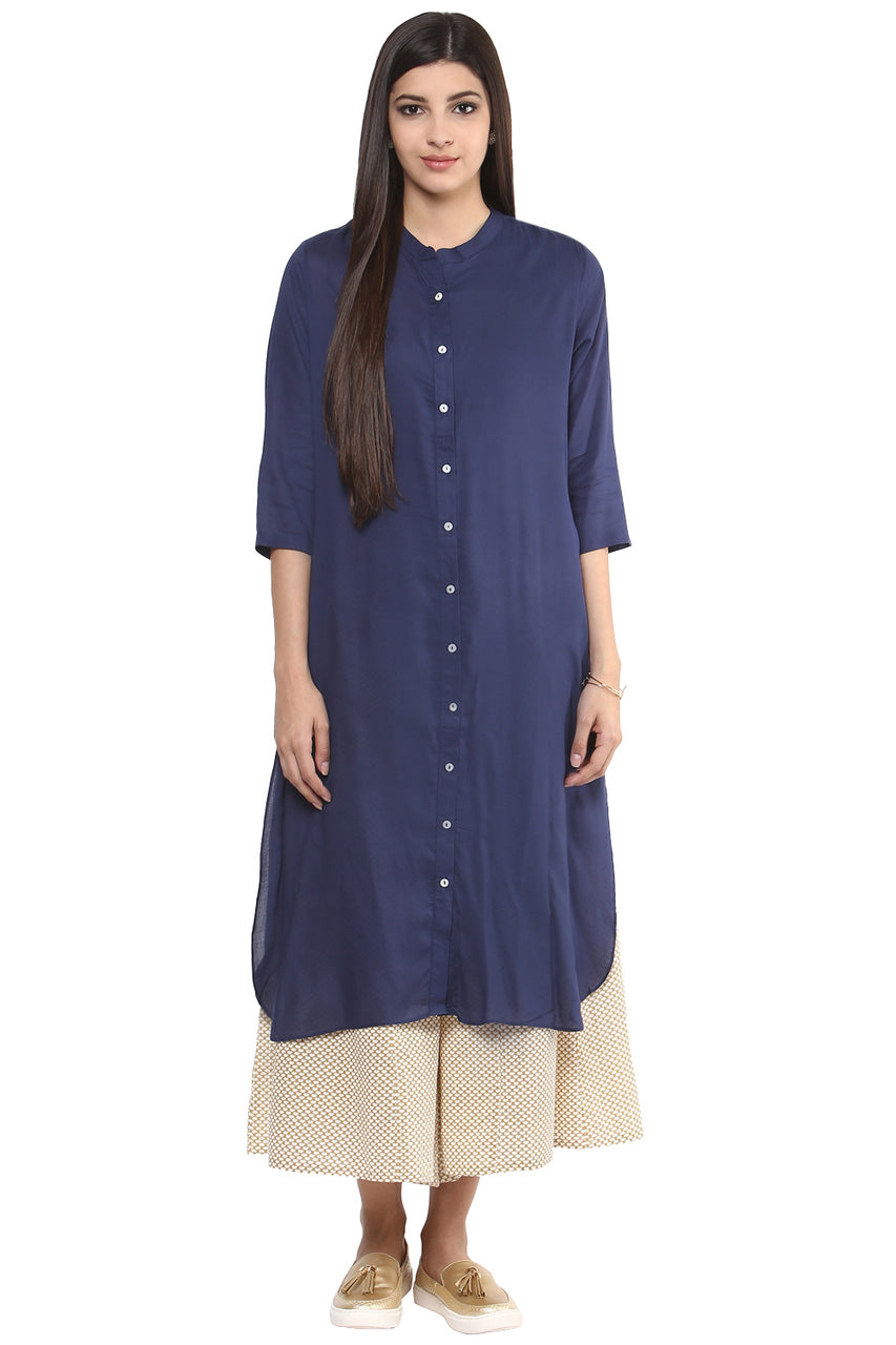 Long Shirt Kurta Tunic Dress Women's Pure Cotton Solid Navy Blue - Full display | In-Sattva