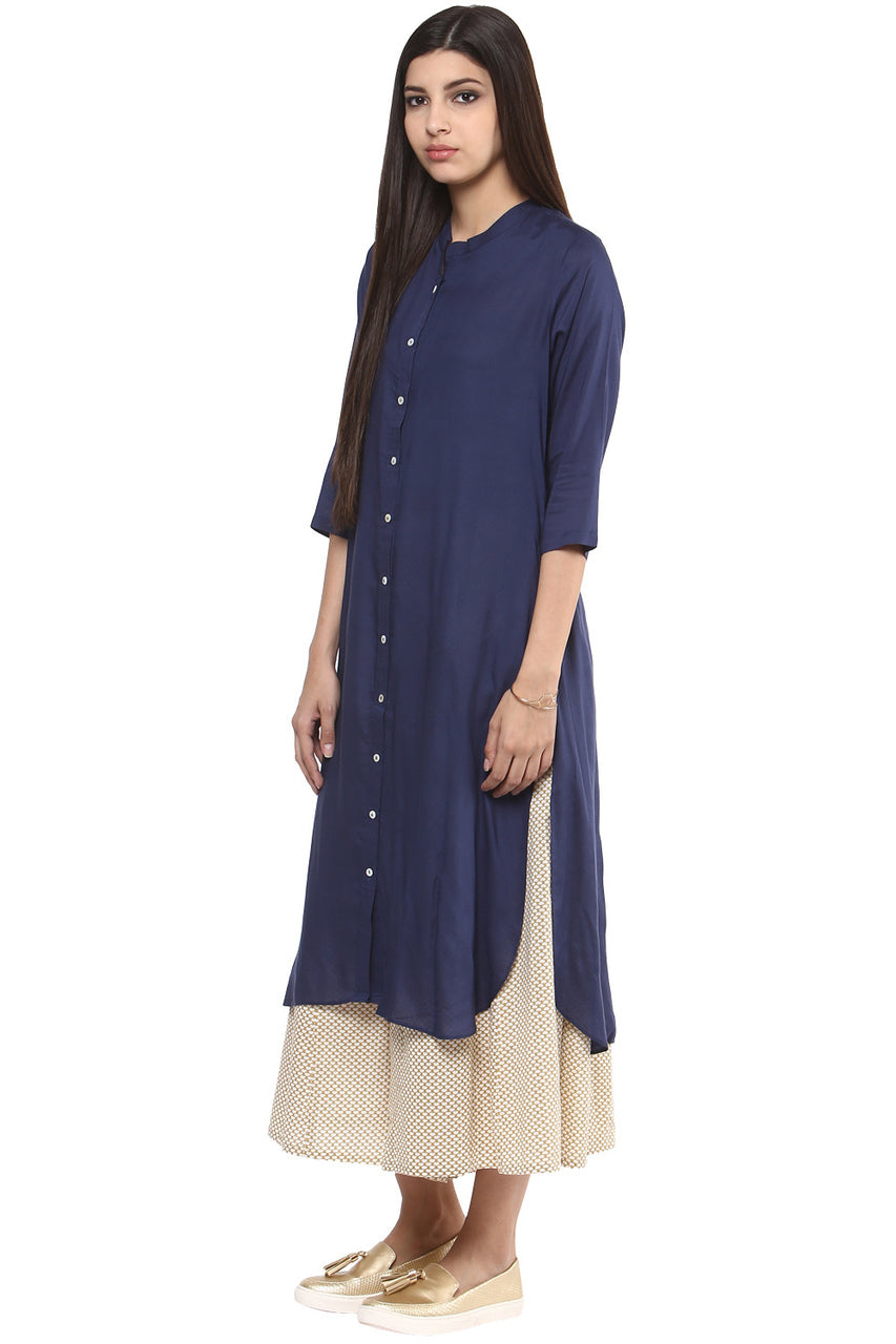 Long Shirt Kurta Tunic Dress Women's Pure Cotton Solid Navy Blue - Side | In-Sattva