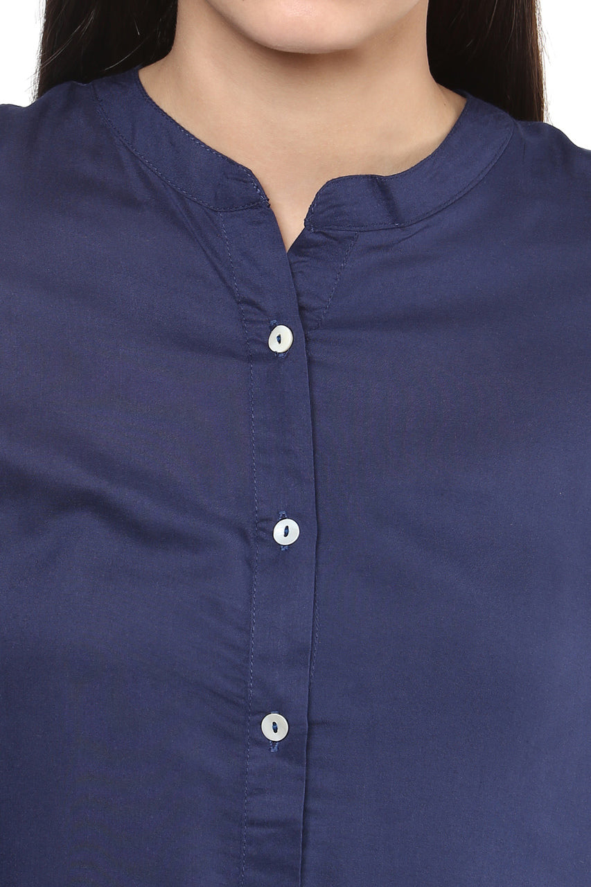 Long Shirt Kurta Tunic Dress Women's Pure Cotton Solid Navy Blue - Garment details | In-Sattva