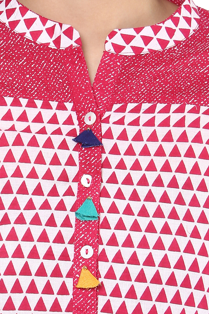 Kurta Tunic Women's Long Summer Pure Cotton Diamond Print - In-Sattva - Garment details