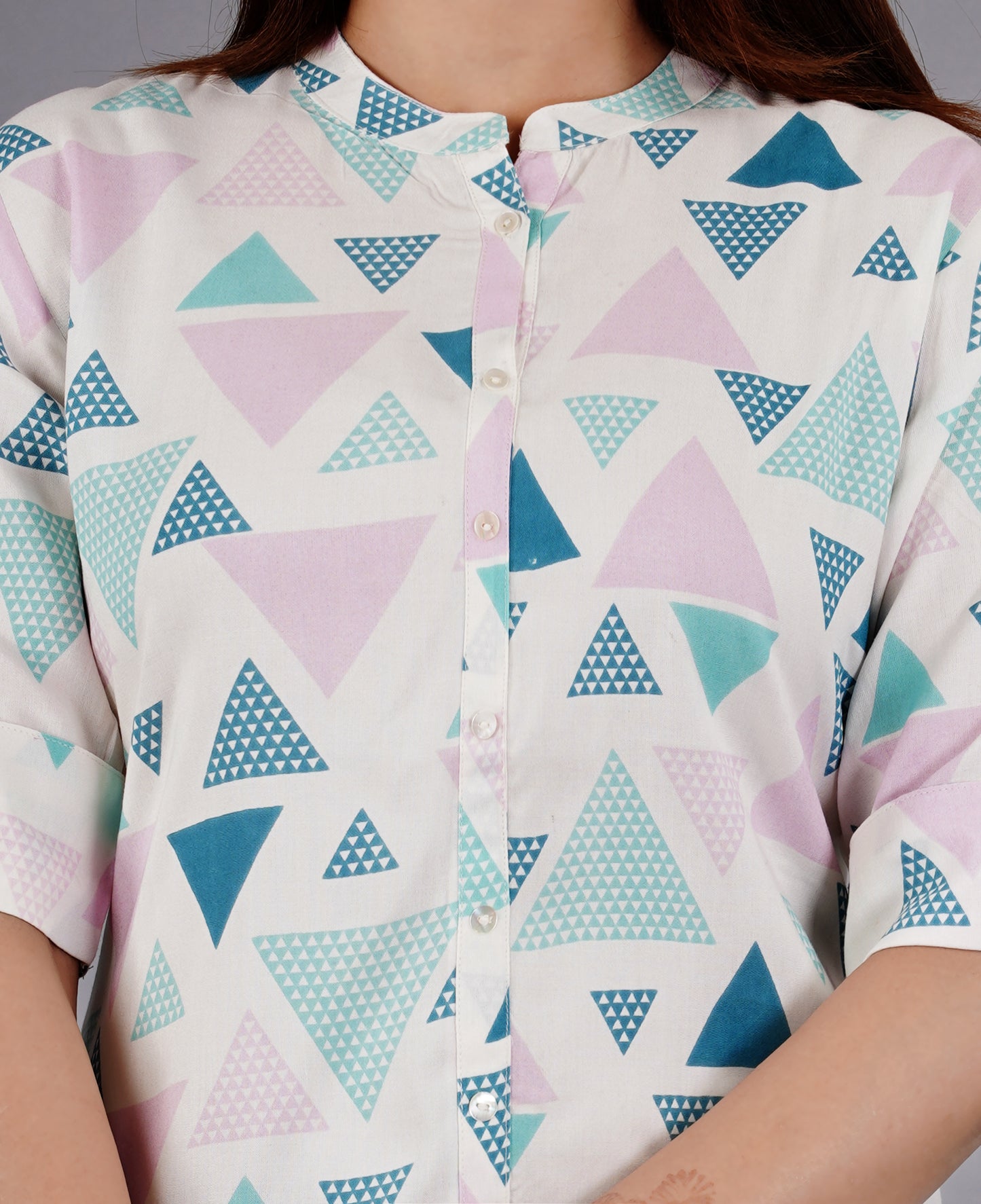 Sitayya Women's Geometric Pattern Round Neckline Collar High Low Button-Down Blue Top | Detail View