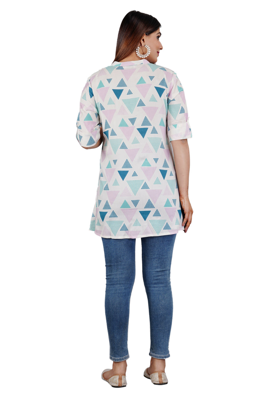 Sitayya Women's Geometric Pattern Round Neckline Collar High Low Button-Down Blue Top | Back View