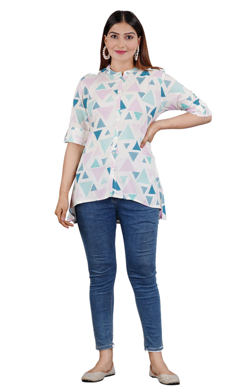 Sitayya Women's Geometric Pattern Round Neckline Collar High Low Button-Down Blue Top | Main Image