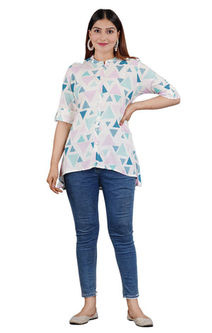 Sitayya Women's Geometric Pattern Round Neckline Collar High Low Button-Down Blue Top | Main Image