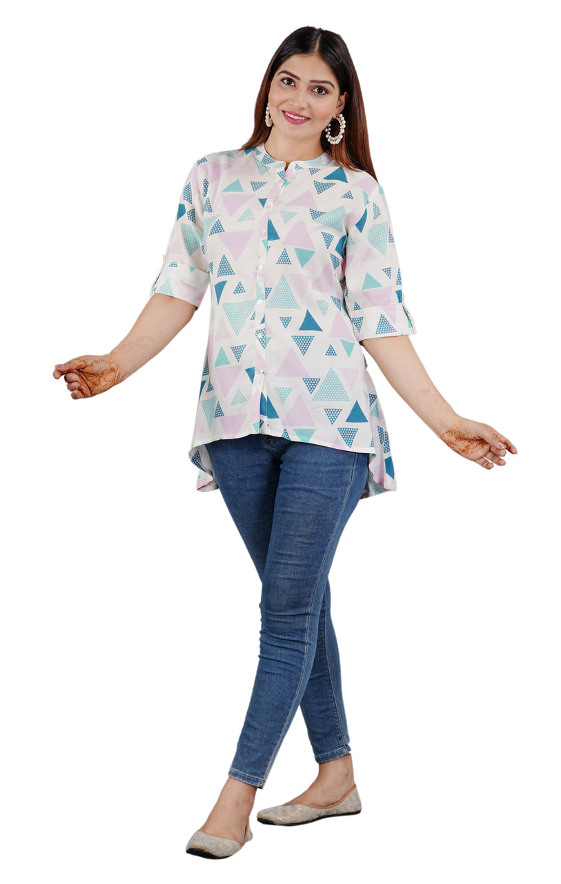 Sitayya Women's Geometric Pattern Round Neckline Collar High Low Button-Down Blue Top | Right View