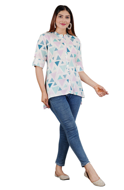 Sitayya Women's Geometric Pattern Round Neckline Collar High Low Button-Down Blue Top | Left View