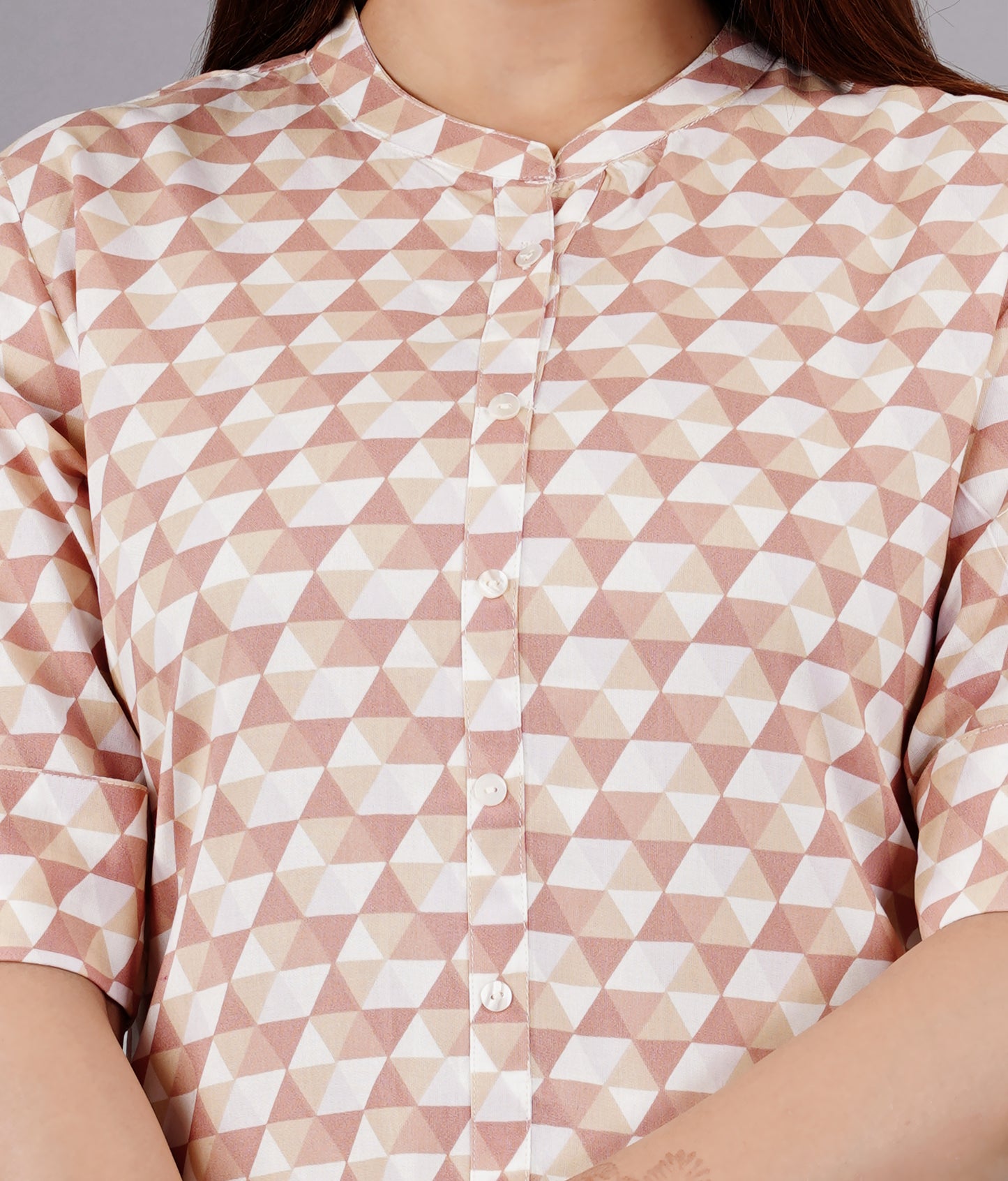 Sitayya Women's Geometric Pattern Round Neckline Collar High Low Button-Down Pink Top | Detail View